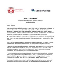 MissionWired – CWA Joint Statement – Tentative Agreeme nt